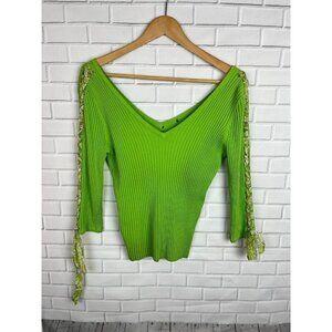 Sweater Womens Small Green Ribbed Statement Artsy Funky Y2K Cottage Bright Fun